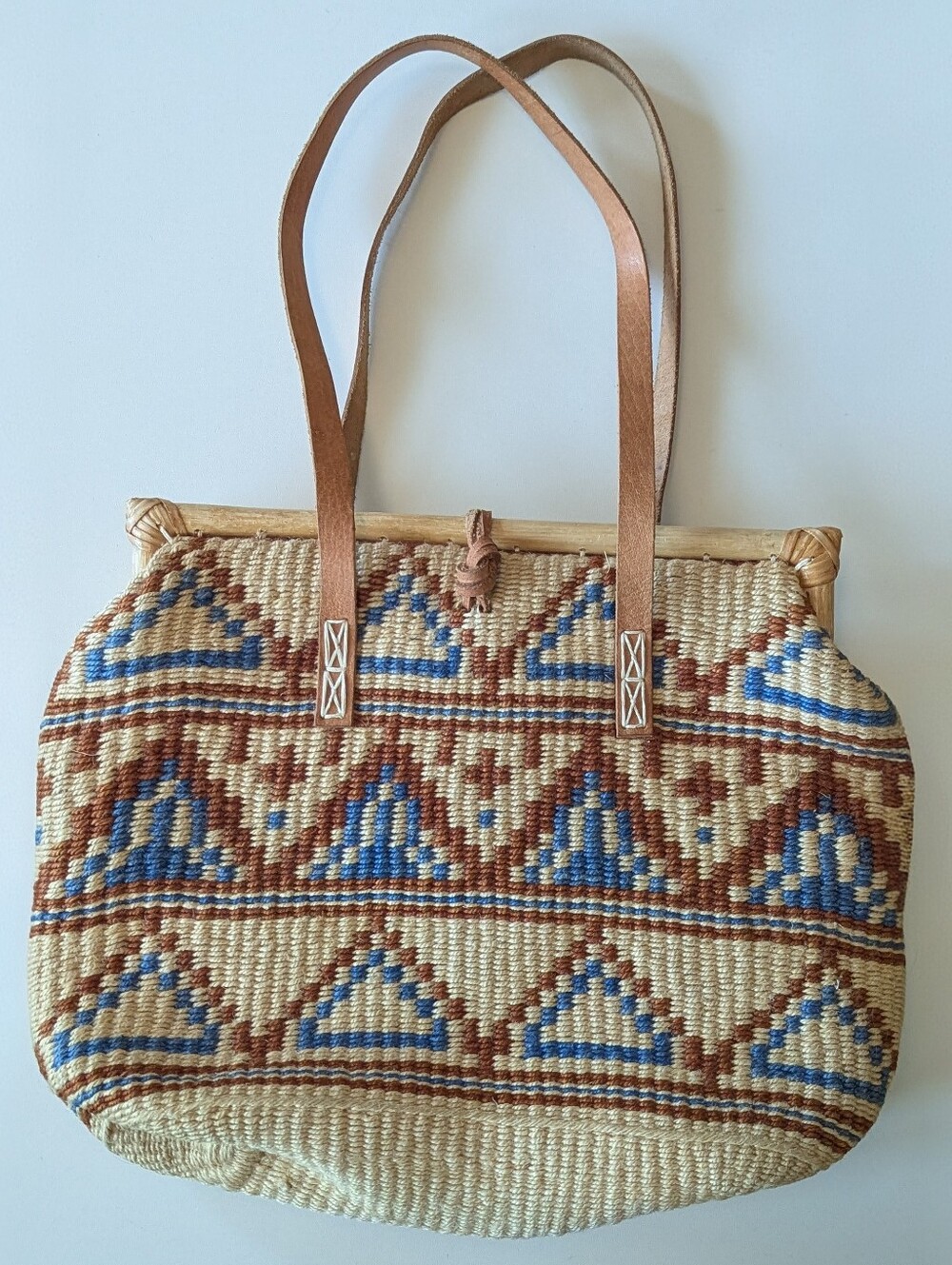 Vintage Sisal Market Jute Tote Bag Large Ethnic Boho Brown Blue - Picture 4 of 11